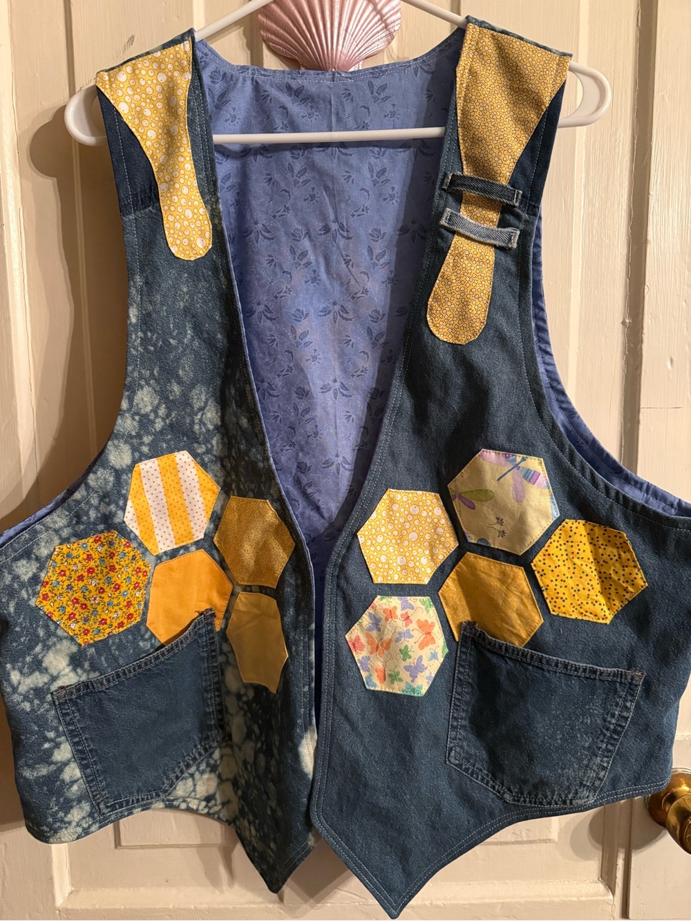 Denim Patchwork Vest Jacket with Bee and Yellow Hexagon Accents